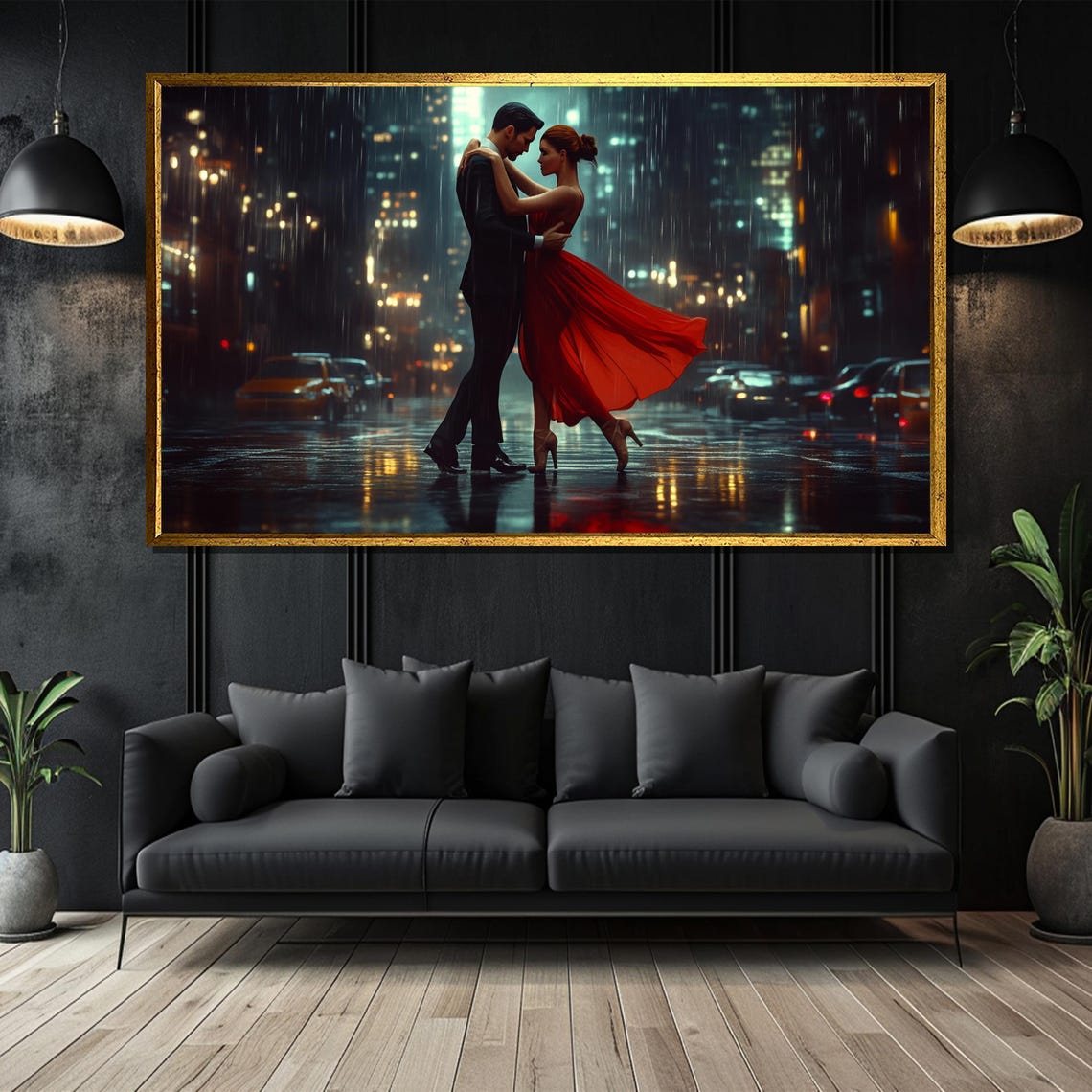 Romantic Dance Painting Elegant Couple In The Rain Passionate Wall Art Gift