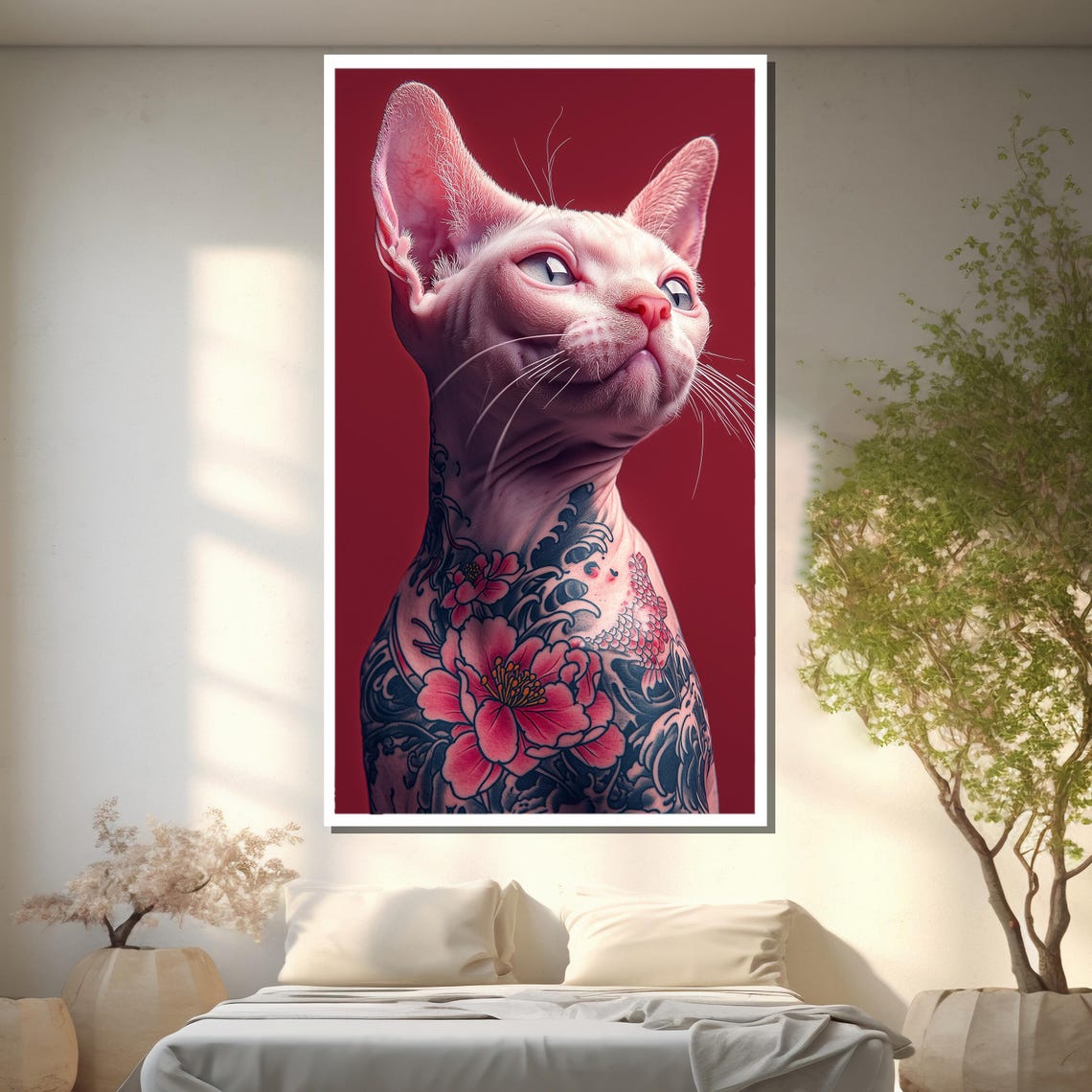 Tattooed Sphynx Cat Painting Unique Albino Feline Art Bold Modern Wall Decor Gift - Image 2