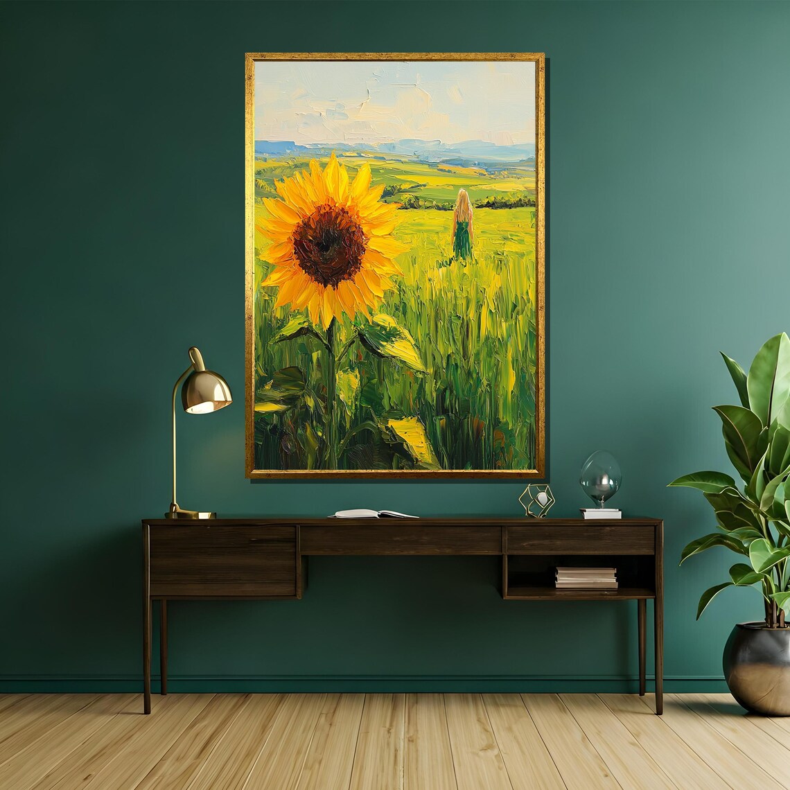Sunflower Field Landscape With Woman Walking Summer Art Poster - Image 5