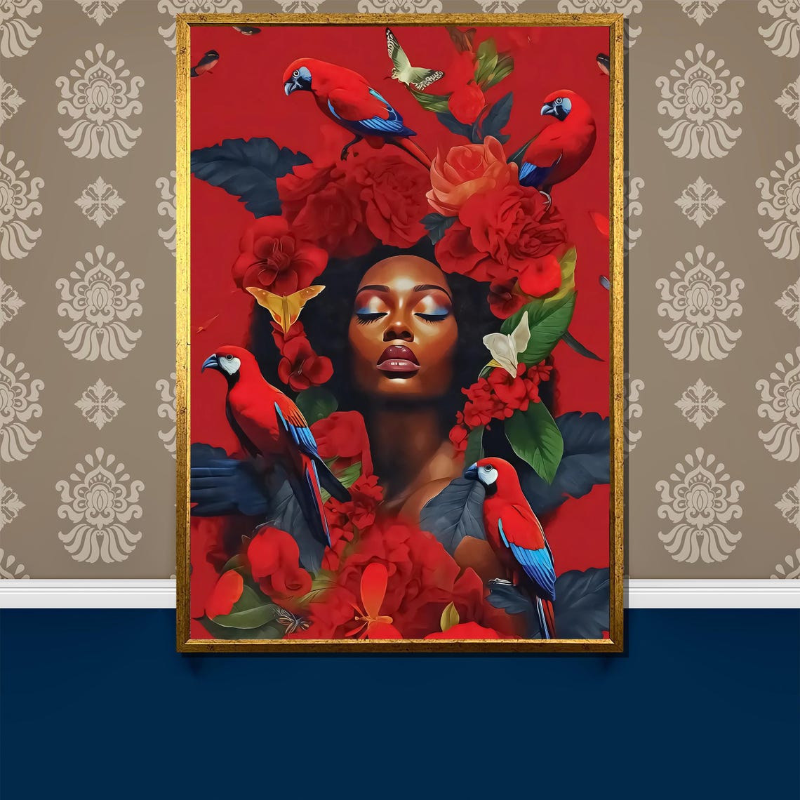 African Woman With Red Parrots And Flowers Nature Art Poster