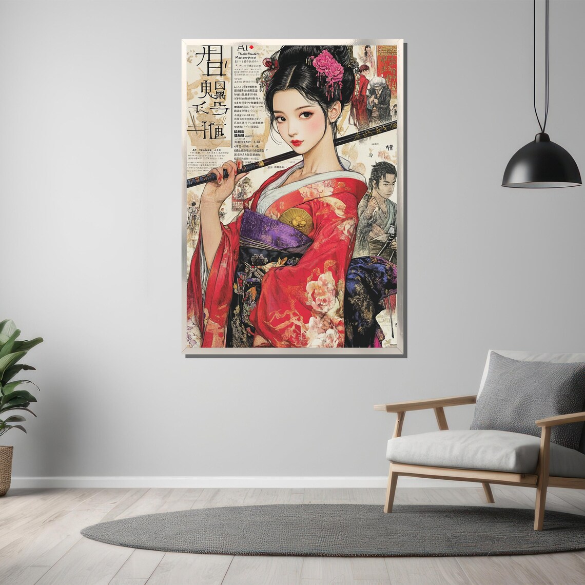 Anime Geisha Warrior In Red Floral Kimono Manga Collage Art Poster - Image 3
