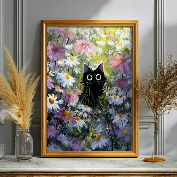 Black Cat In A Sea Of Flowers Poster Unframed Wall Decor