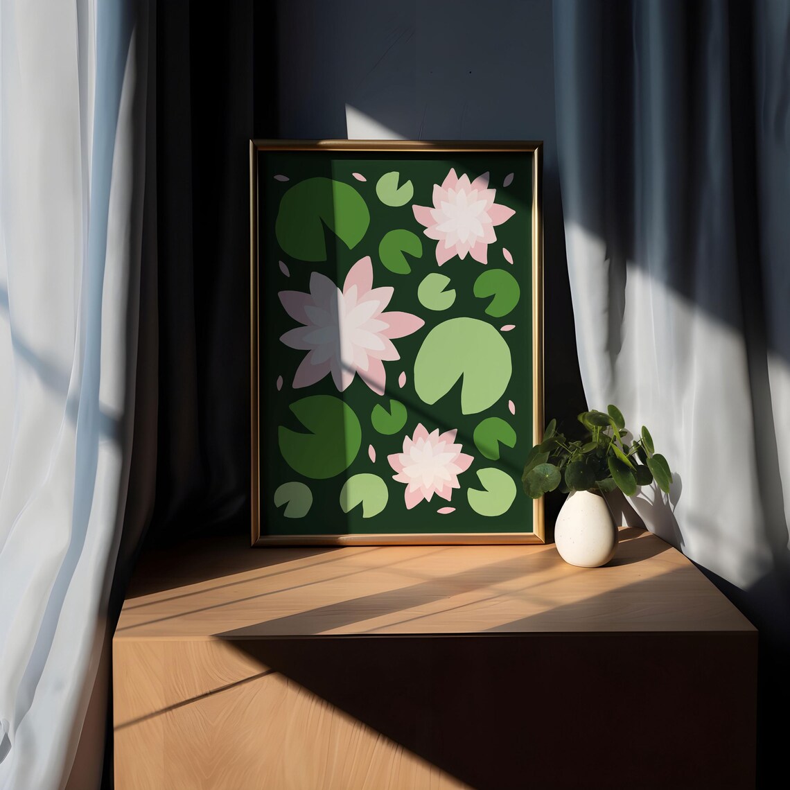 Pink Water Lilies on Deep Green Retro Maximalist Floral Poster - Image 5