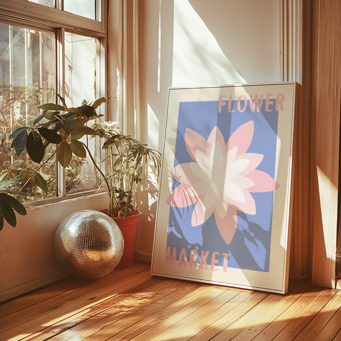Pink Blossom on Periwinkle Blue Retro Flower Market Art Poster