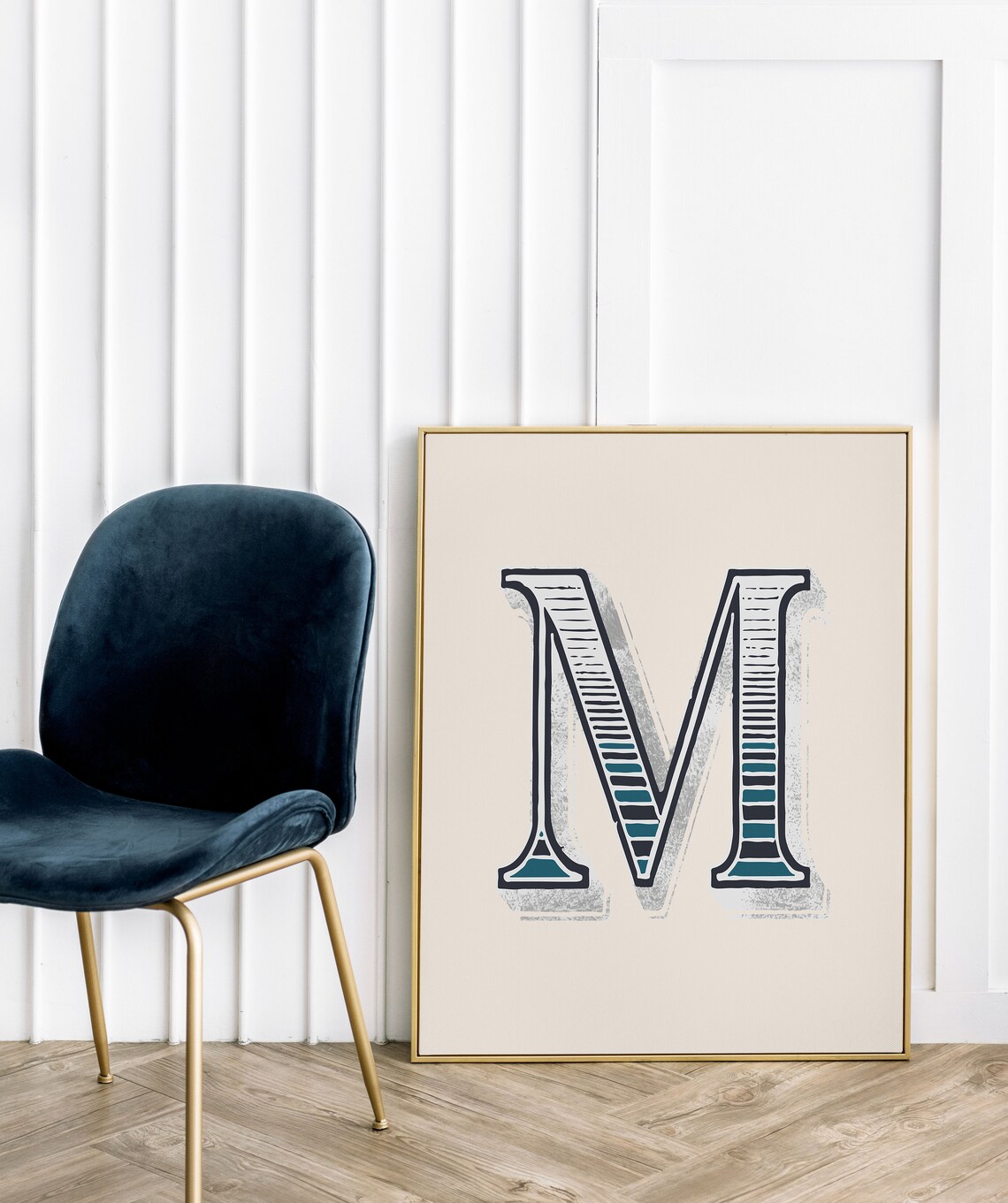 Letter M Navy Teal Striped Deco Alphabet Typography Eclectic Wall Decor Poster - Image 3