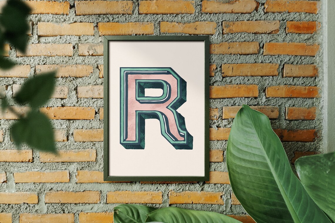 Letter R Pink Teal Varsity Alphabet Typography Girls Room Wall Decor Poster - Image 3