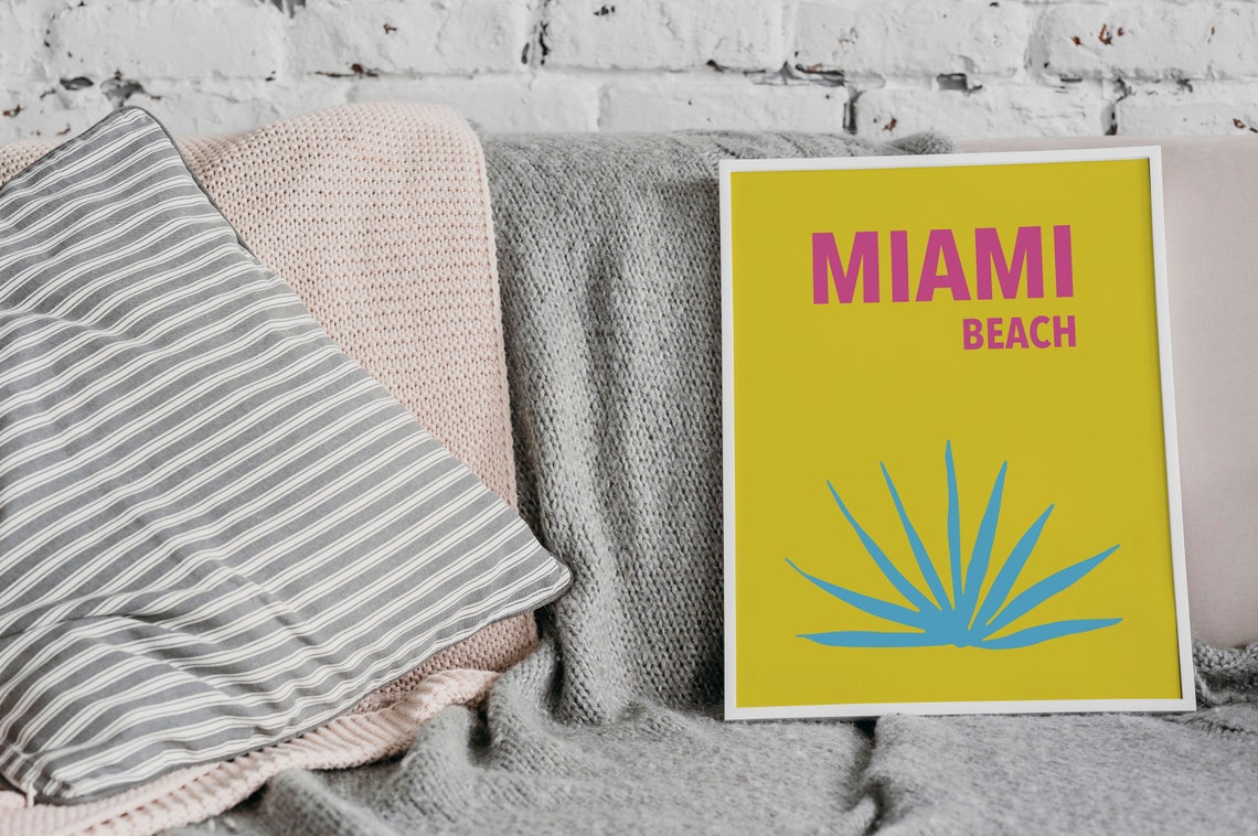 Miami Beach Florida Travel Poster Bold Yellow With Pink Palm Graphic - Image 3
