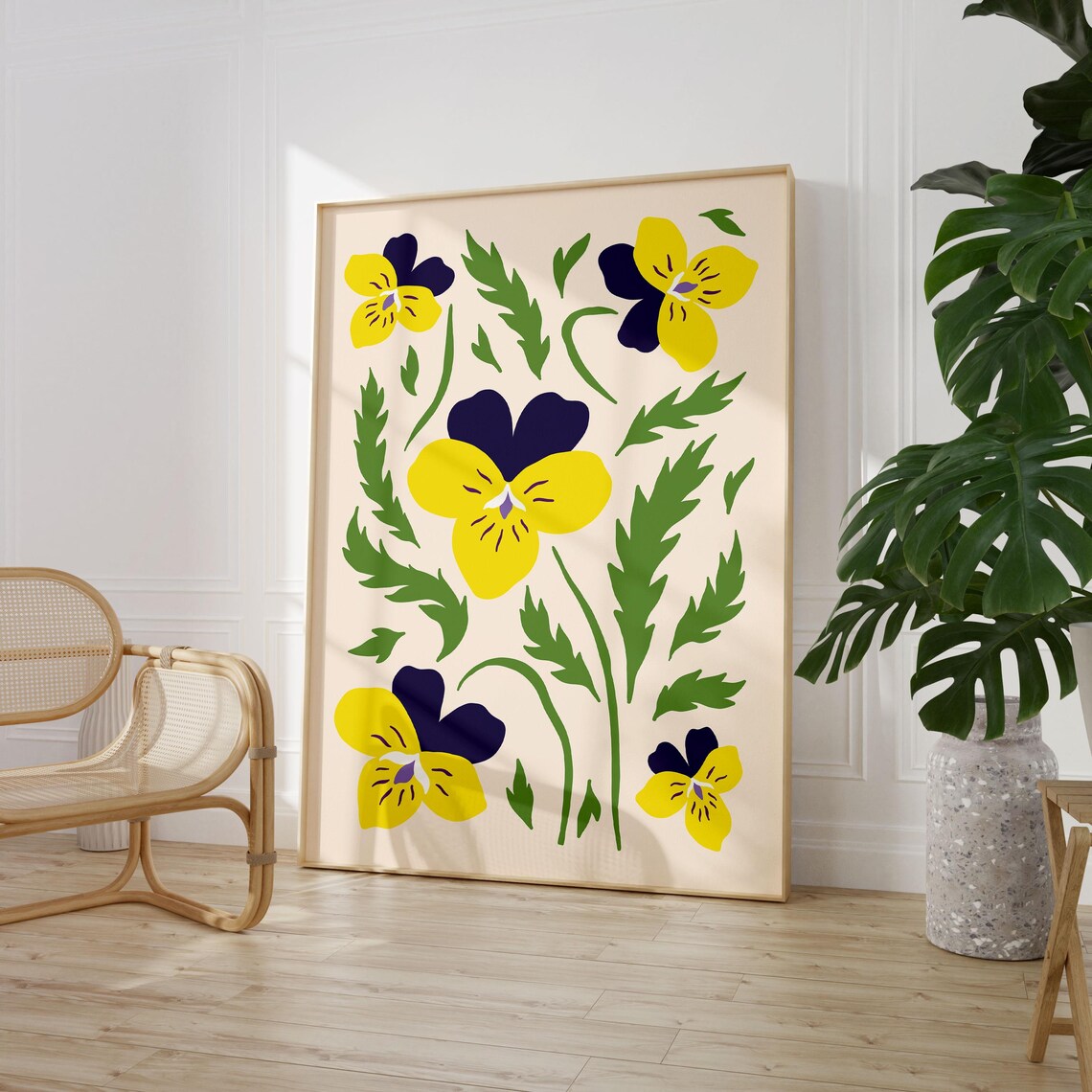 Yellow and Purple Pansies on Cream Vintage Floral Art Poster