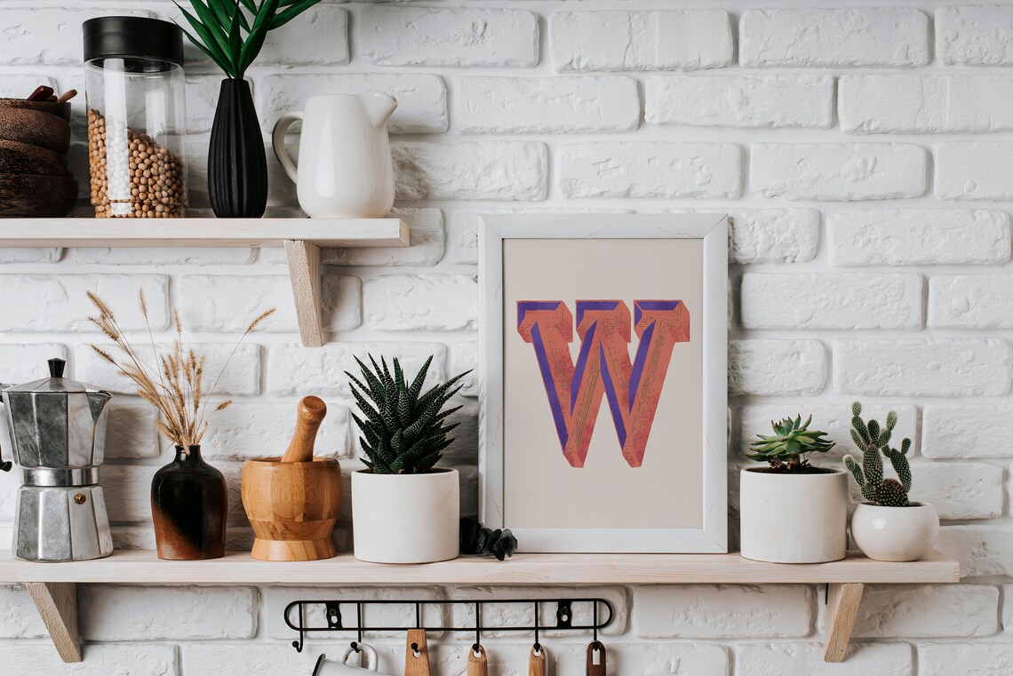 Letter W Coral Purple Woodblock Alphabet Typography Creative Studio Poster - Image 2