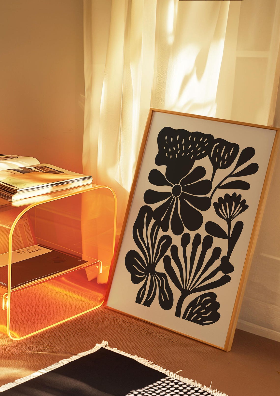 Beige Black Daisy Poppy Silhouette Retro Botanical Flower Poster - Image 2