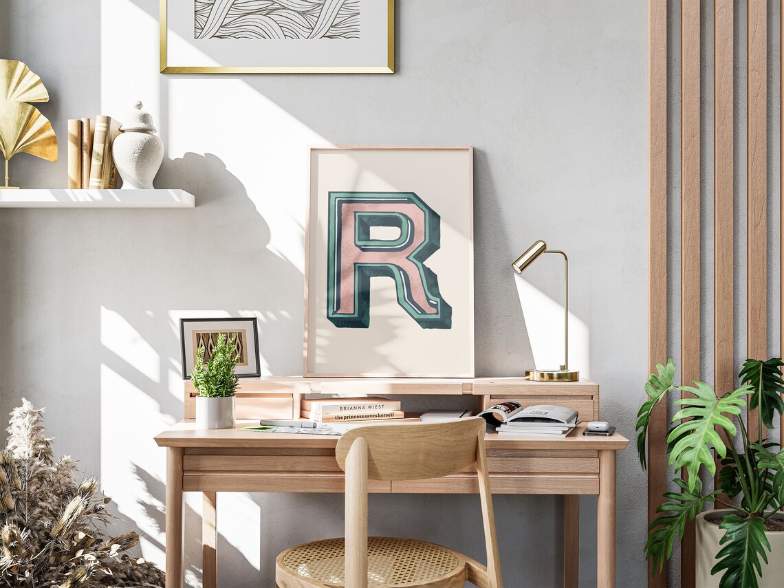 Letter R Pink Teal Varsity Alphabet Typography Girls Room Wall Decor Poster - Image 5