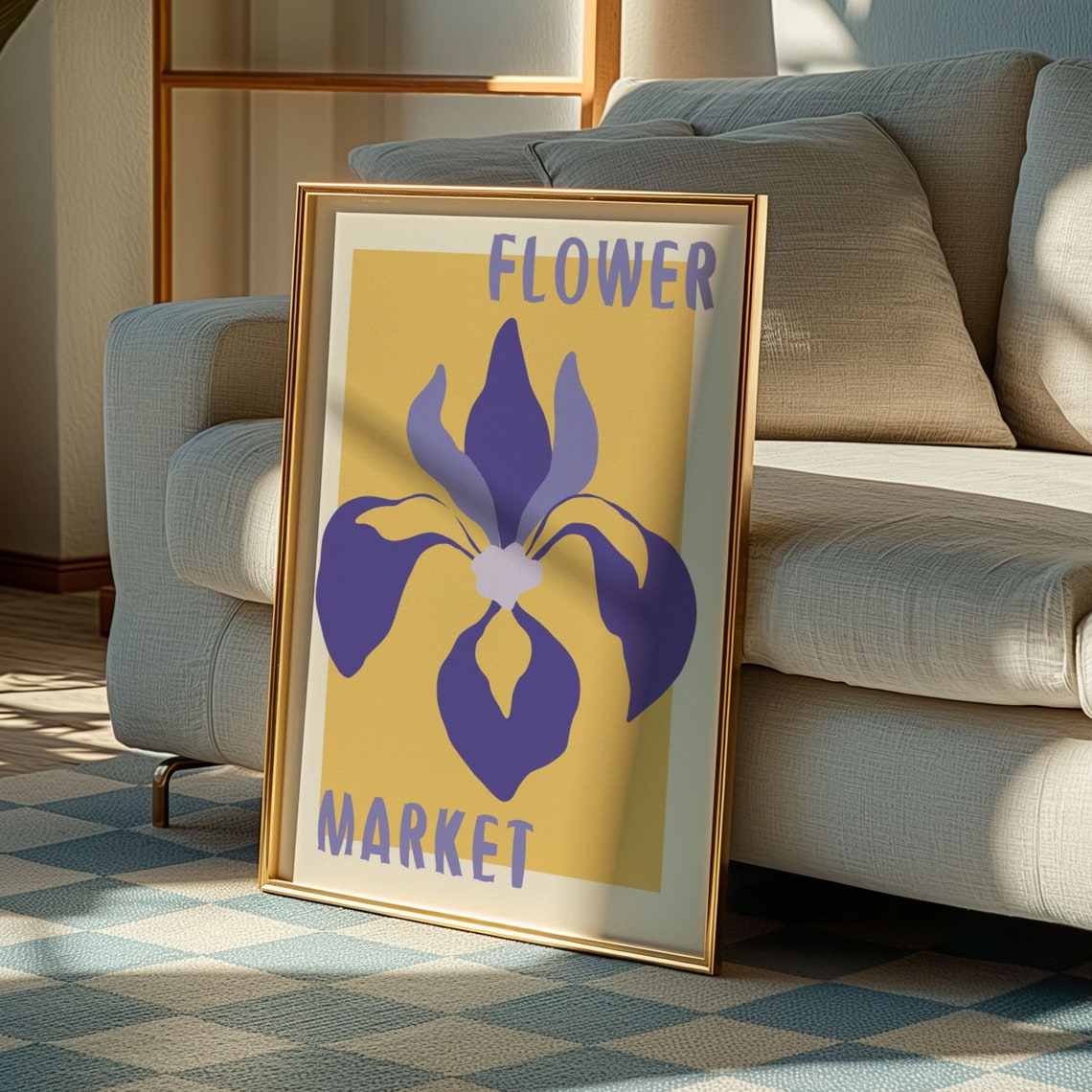 Purple Iris Bloom on Golden Yellow Retro Flower Market Art Poster - Image 3