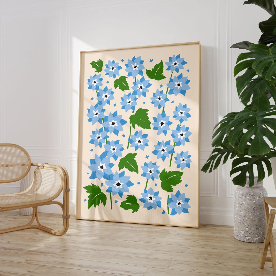 Blue Wildflower Botanical Poster with Green Leaves on Cream Background