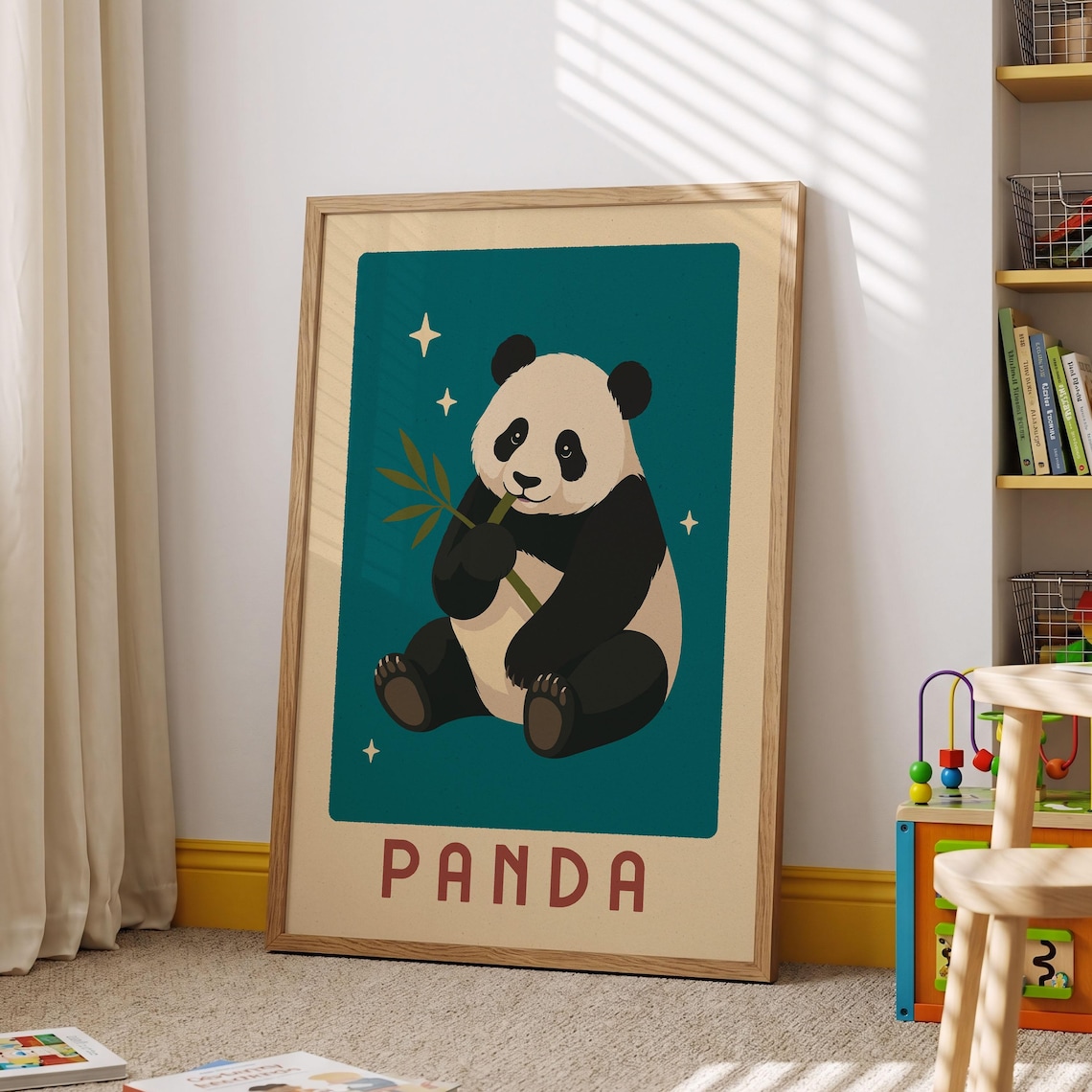 Retro Panda Eating Bamboo Teal Nursery Animal Kids Room Poster