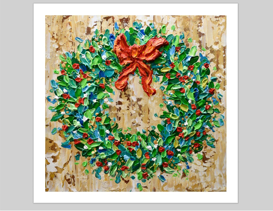 Christmas Wreath Art Print, Holiday Original Painting