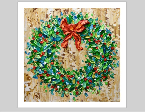 Christmas Wreath Art Print, Holiday Original Painting