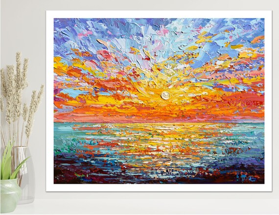 Sunset Ocean Red Sky Bright Seascape Impasto Painting Wall Art Poster