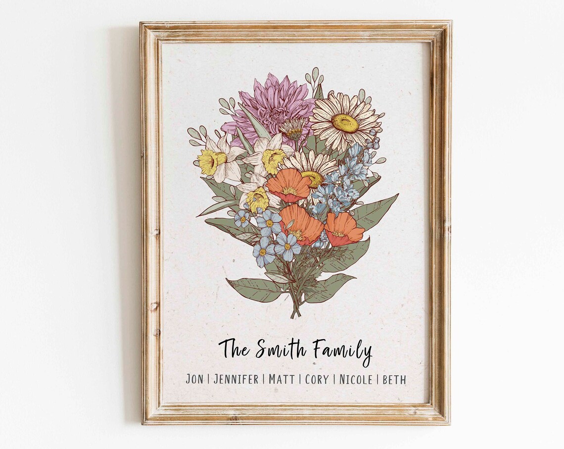 Custom Christmas Birth Flower Family Bouquet Print