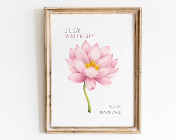 July Water Lily Watercolor Art Print, Floral Minimalist