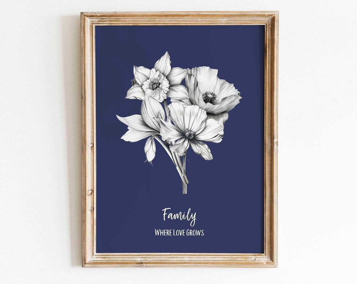 Custom Birth Flower Family Bouquet Line Art