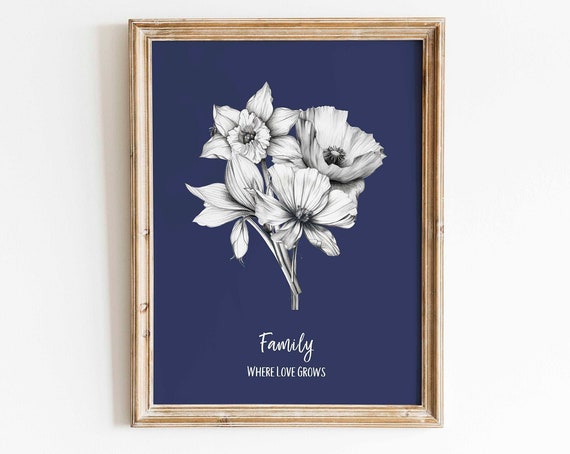 Custom Birth Flower Family Bouquet Line Art