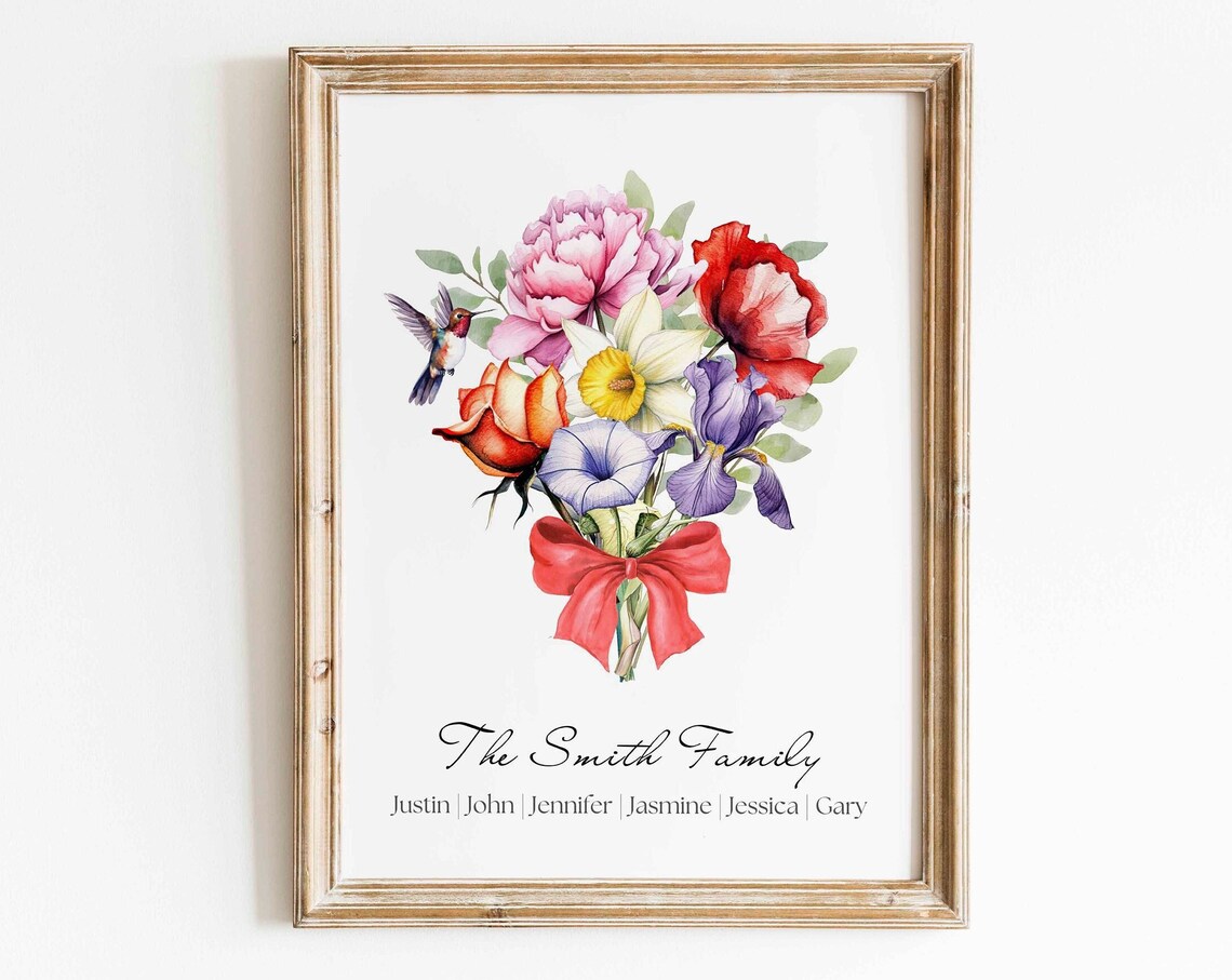 Personalized Christmas Gift Custom Birth Flower Bouquet Art