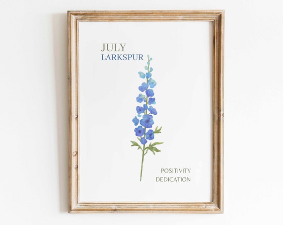 Blue Larkspur Watercolor Art Print, Minimalist Floral