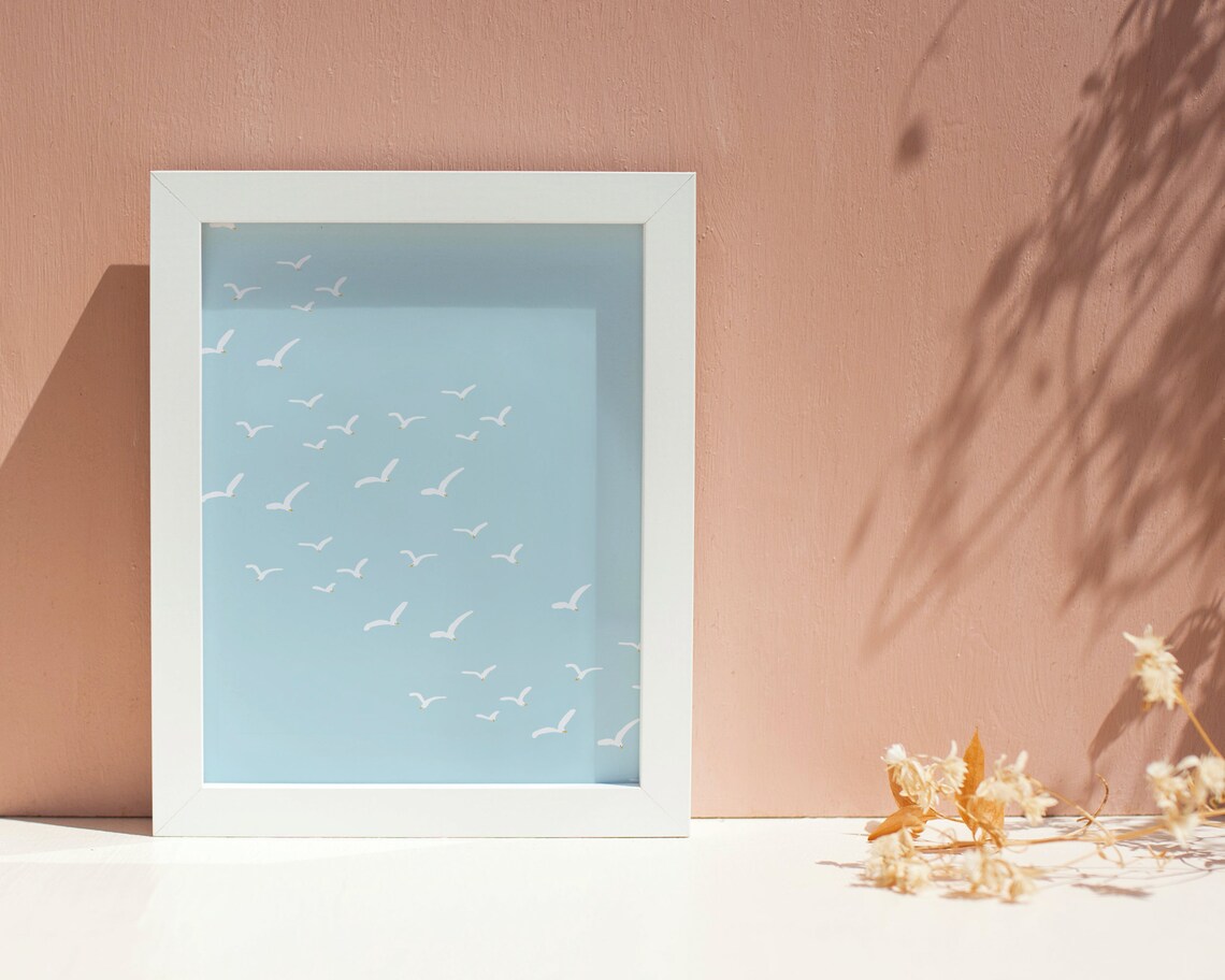 Seagulls Flock in the Sky Coastal Poster