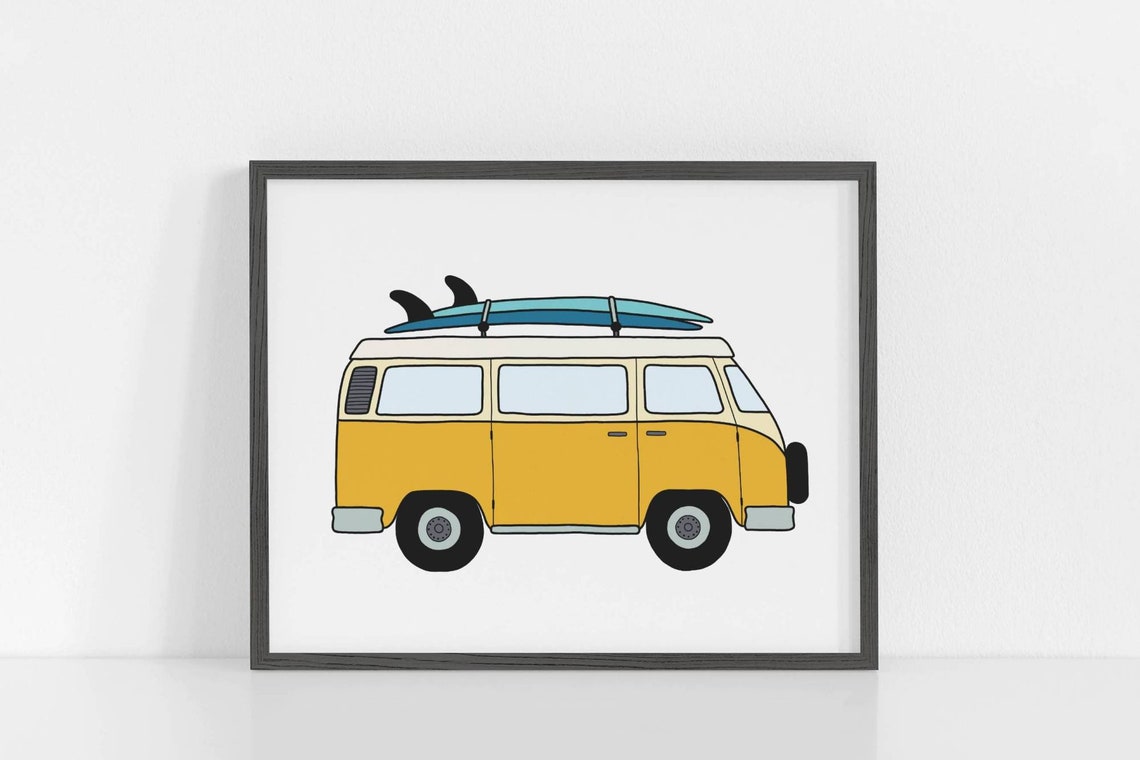 Yellow Vintage Surf Van With Surfboards Retro Beach Trip Poster
