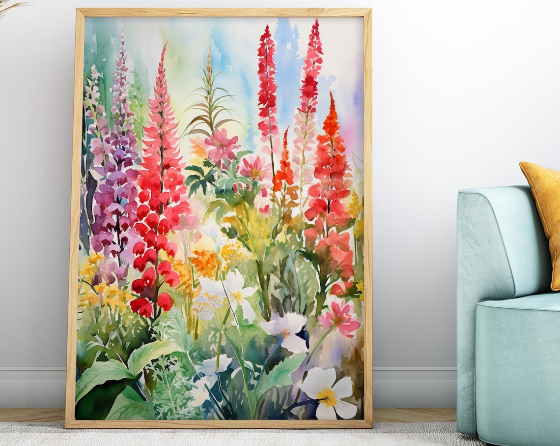 Colorful Wildflower Garden Watercolor Lupines and Cosmos Poster