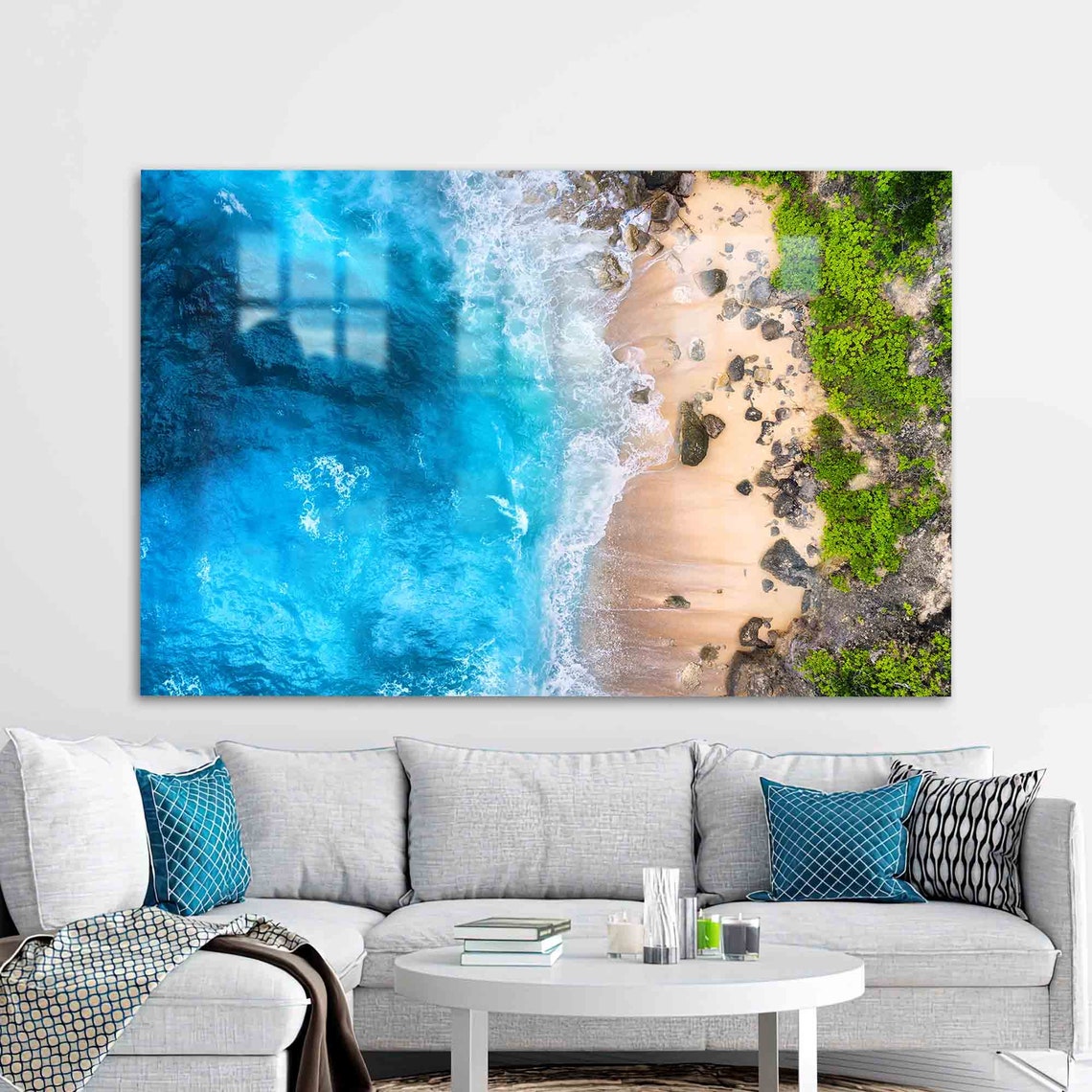 Aerial Turquoise Ocean Waves Meeting Sandy Beach Coastline Poster