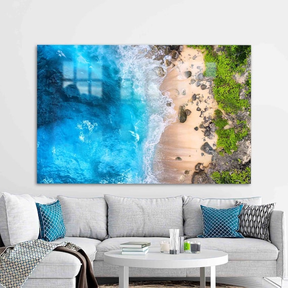 Aerial Turquoise Ocean Waves Meeting Sandy Beach Coastline Poster