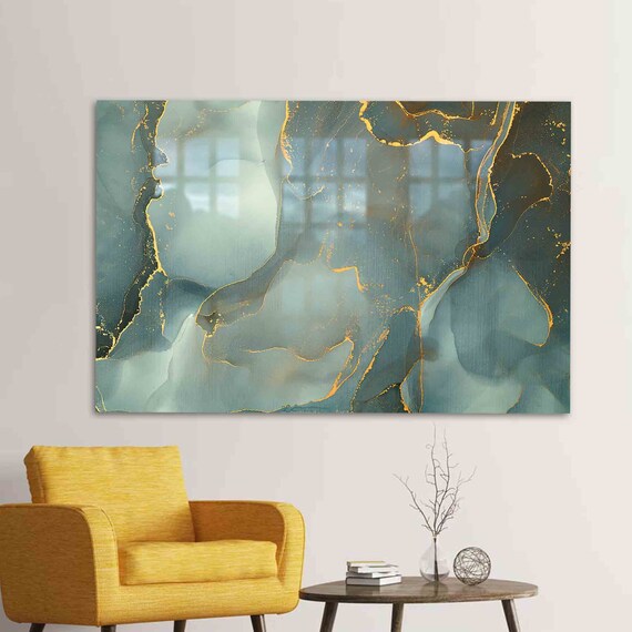 Green Marble With Gold Veining Abstract Fluid Art Style Poster