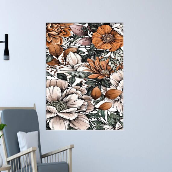 Beige and Rust Floral Pattern Canvas Print Botanical Wall Decor Art