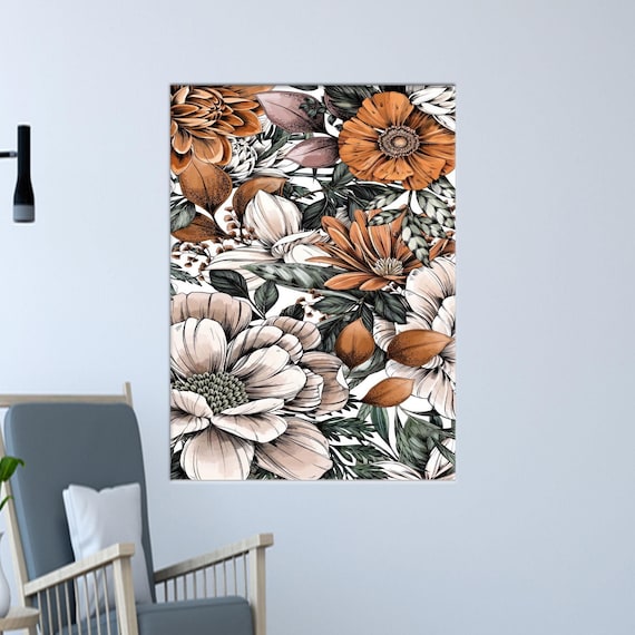 Flowers Pattern Canvas Print Gradient Colors Decor Luxury Wall Art Botanical Poster Personalized Gift