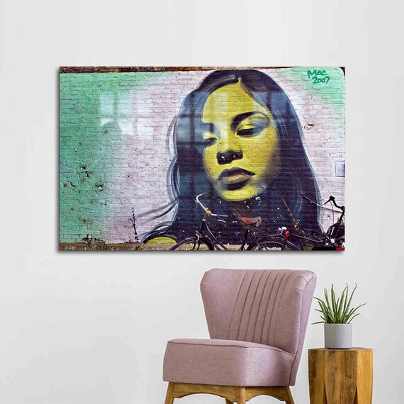Colorful Street Mural Woman Portrait Yellow Face Brick Poster