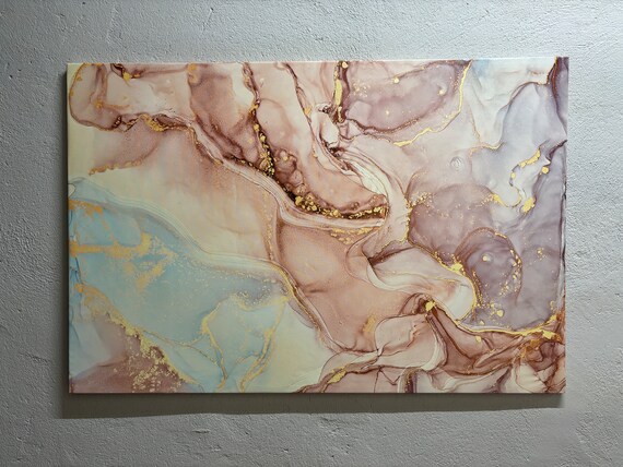Blush Rose Gold and Blue Shimmery Alcohol Ink Marble Art Poster