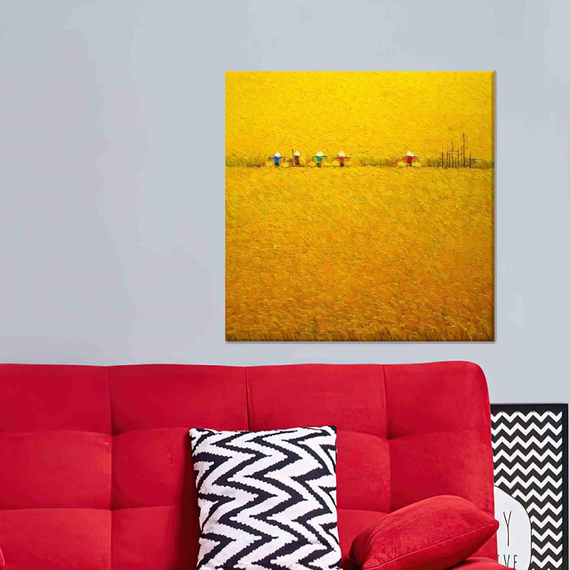 Golden Rice Harvest Field Farmers Conical Hats Textured Oil Painting Print