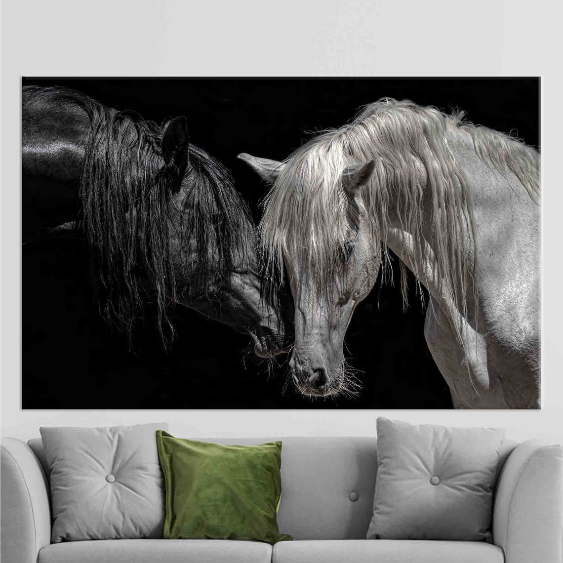 Black and White Horses Dramatic Black Background Photo Poster