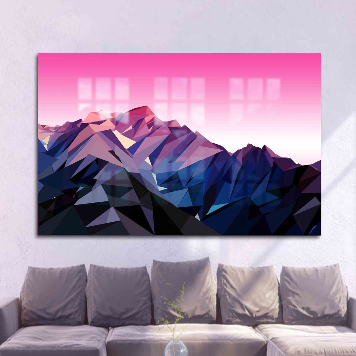 Geometric Polygonal Mountains Pink Sky Modern Abstract Wall Art