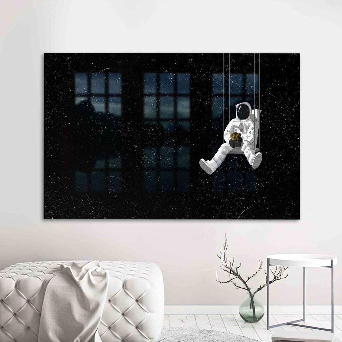 Astronaut Sitting on Swing in Starry Space Whimsical Art Poster