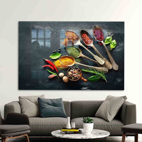 Colorful Spices In Vintage Spoons Dark Slate Kitchen Wall Art