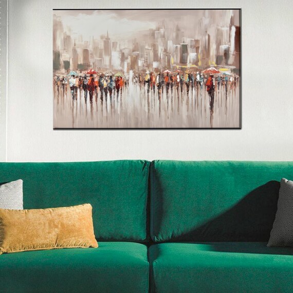 Umbrella Crowd Abstract City Scene Soft Neutral Modern Art Poster