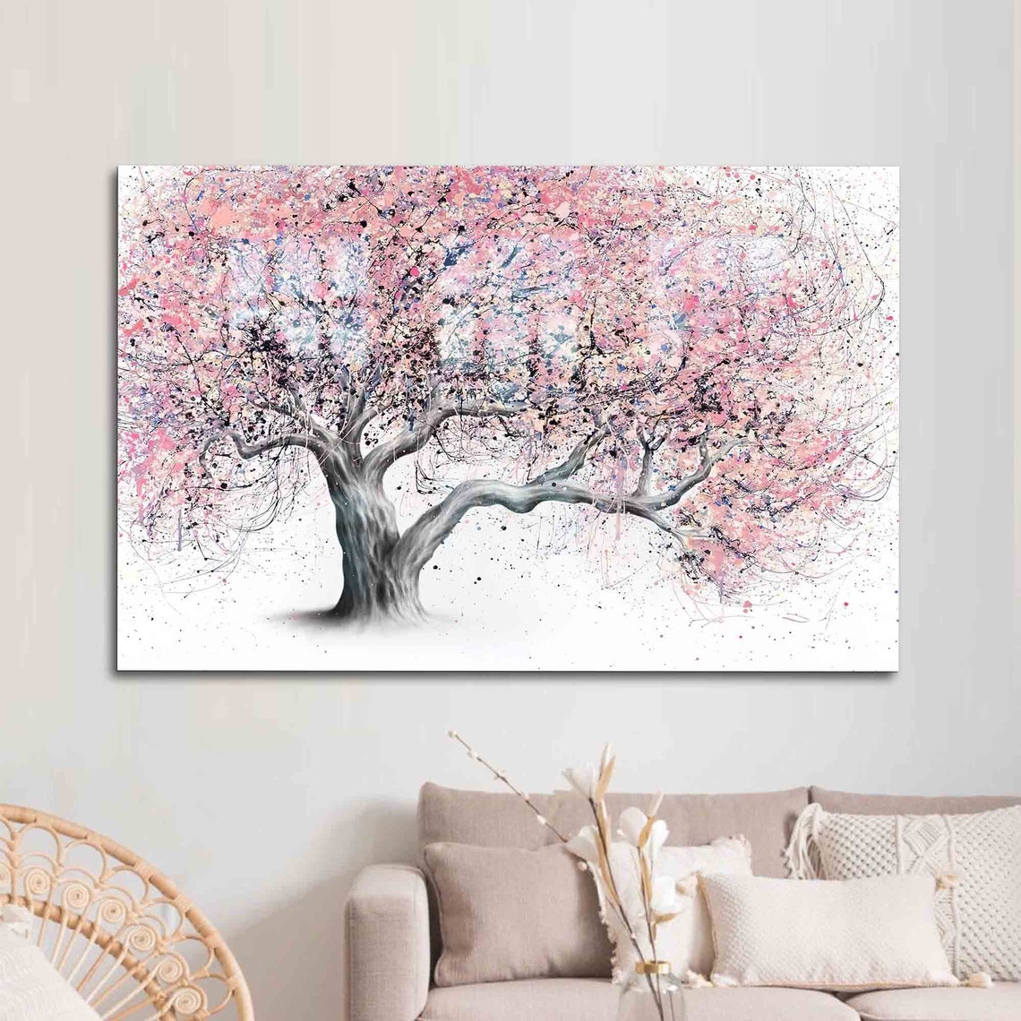 Cherry Blossom Tree Watercolor Painting Pink Spring Bloom Wall Art