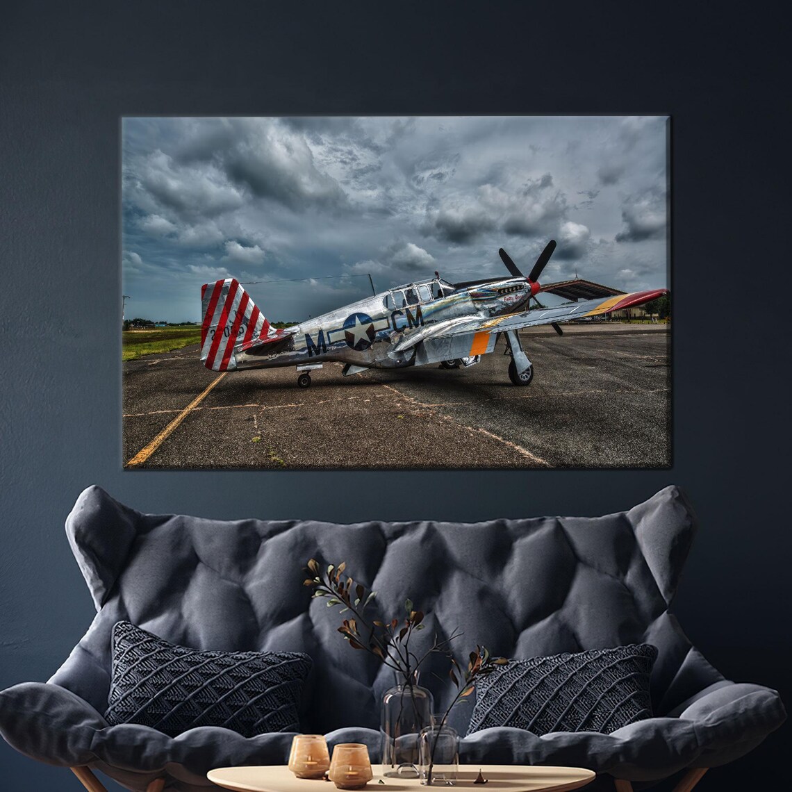 Vintage WWII American Fighter Plane Stormy Sky Dramatic Aviation Art Print