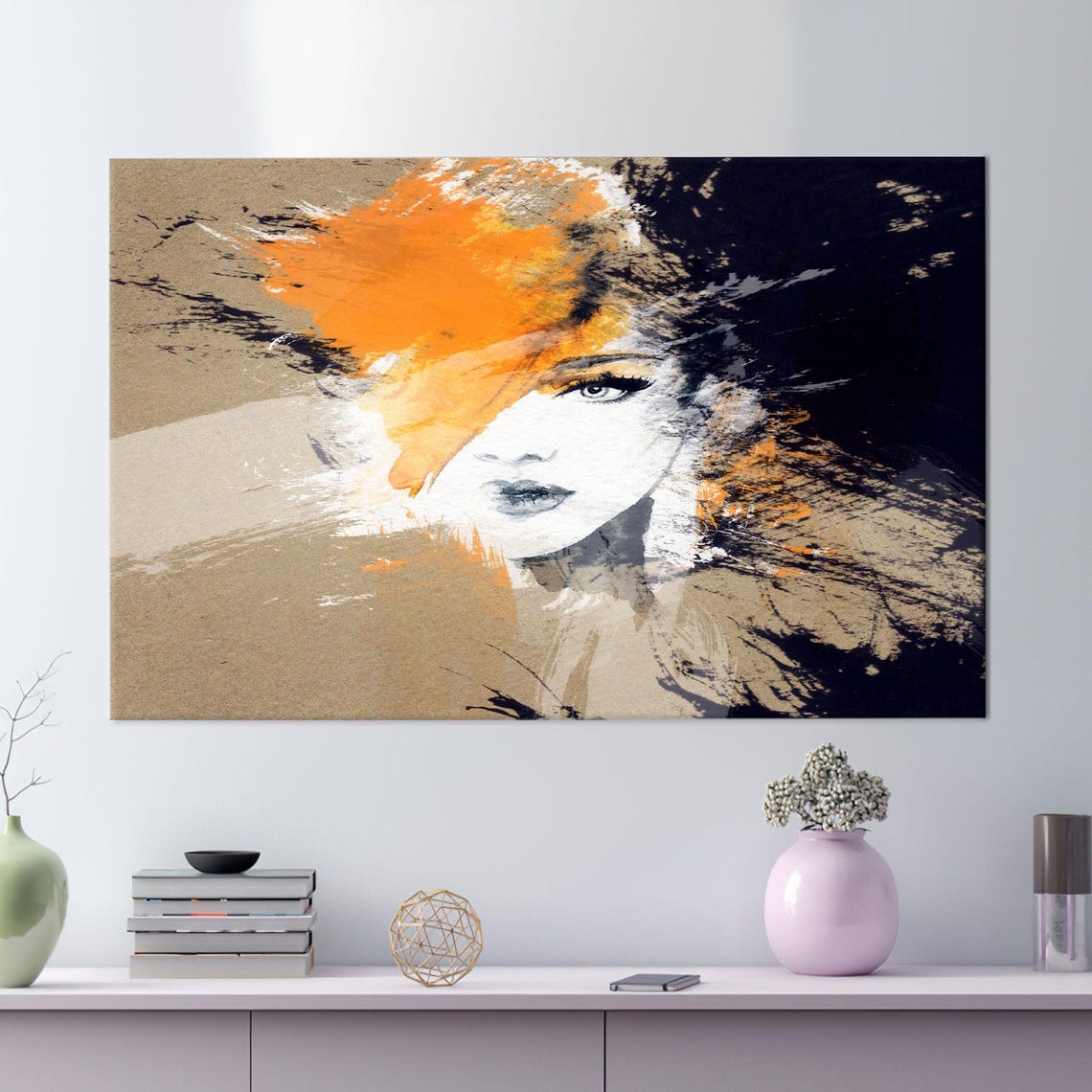 Abstract Woman Face Portrait Orange Black Brushstroke Art Print