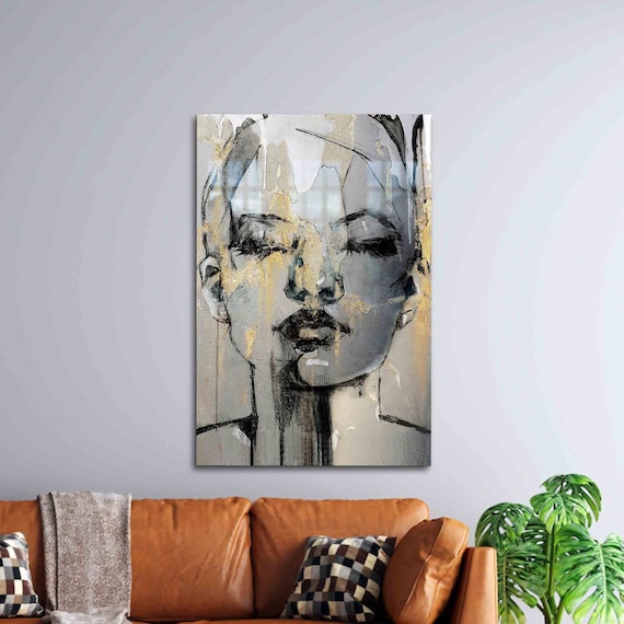 Gray Gold Abstract Woman Face Expressive Brushstroke Portrait Poster