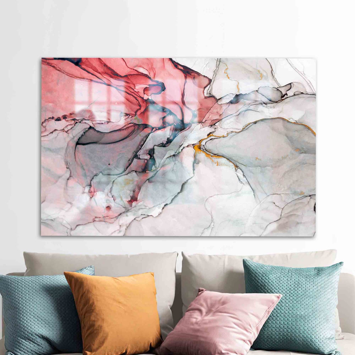 Red Grey Gold Alcohol Ink Marble Abstract Modern Glass Wall Art