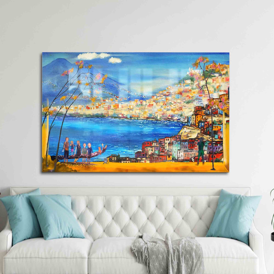 Colorful Italian Coastal Town on Bay with Volcano View Wall Art
