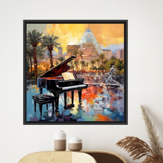 Grand Piano Before City Sunset Palm Trees Colorful Music Art Poster